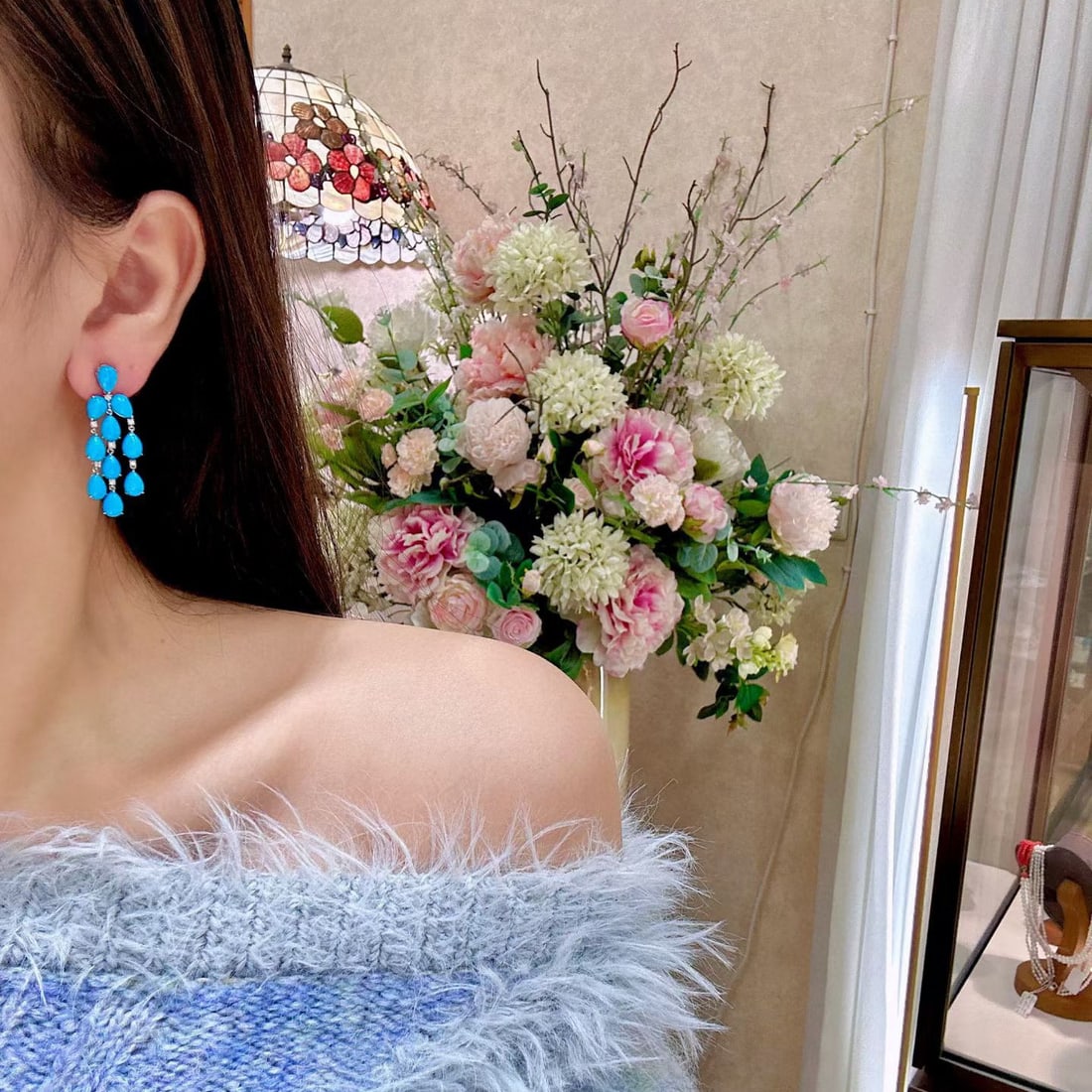 14k Gold 13.85 Ctw Natural Blue Turquoise & Diamond Earrings - 3