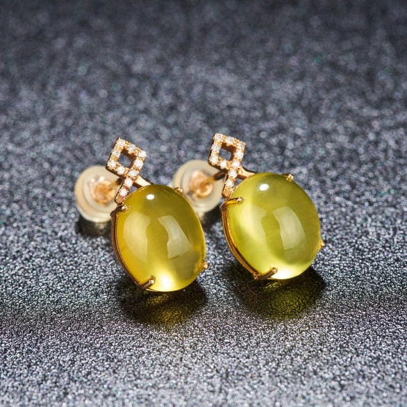 14k Gold 8.2 Ct Natural Prehnite & Diamond Earrings - 3