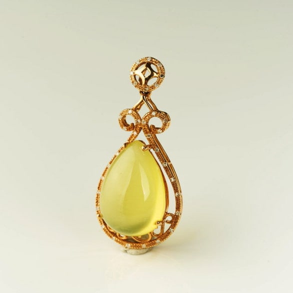 14k Gold 11.4 Ct Natural Prehnite & Diamond Pendant( Without Chain ) - 7