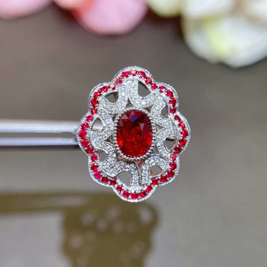 14k Gold 1.51 Ctw Natural Ruby & Diamond Ring: Ref:231121152 // gold content:14k gold // ring size:7. 25us // // main gemstone:ruby // shape:oval // carat weight:1. 11ct // color:red // treatment:natural // // adjacent gemstone 2 : diamond // shap