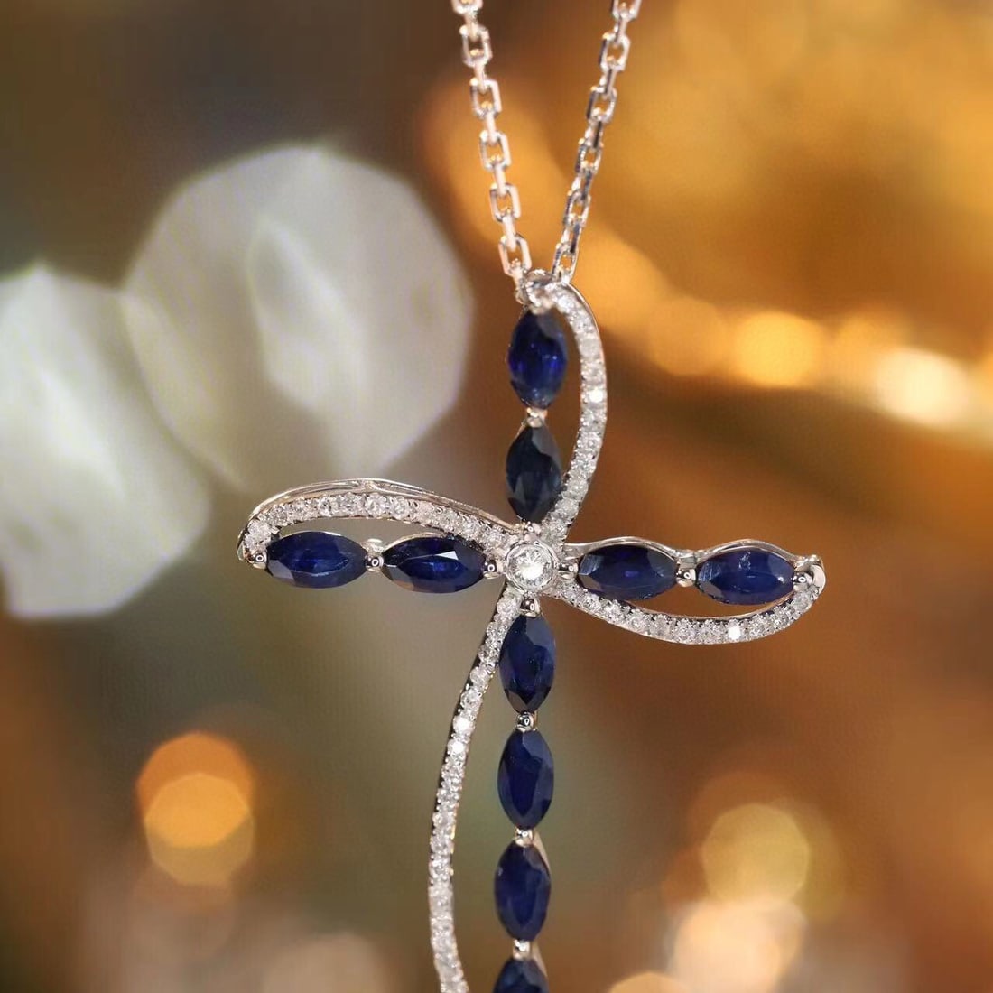 14k Gold 1.28 Ctw Natural Sapphire & Diamond Necklace: Ref:231121157 // gold content:14k gold // main gemstone:sapphire // shape:marquise // carat weight:1. 16ct // color:blue // treatment:natural // // adjacent gemstone 2 : diamond // shape:round //