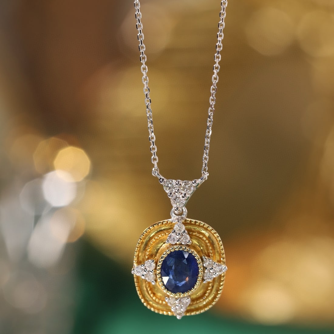 14k Gold 0.62 Ctw Natural Sapphire & Diamond Necklace: Ref:231121166 // gold content:14k gold // main gemstone:sapphire // shape:oval // carat weight:0. 5ct // color:blue // treatment:natural // // adjacent gemstone 2 : diamond // shape:round // carat wei