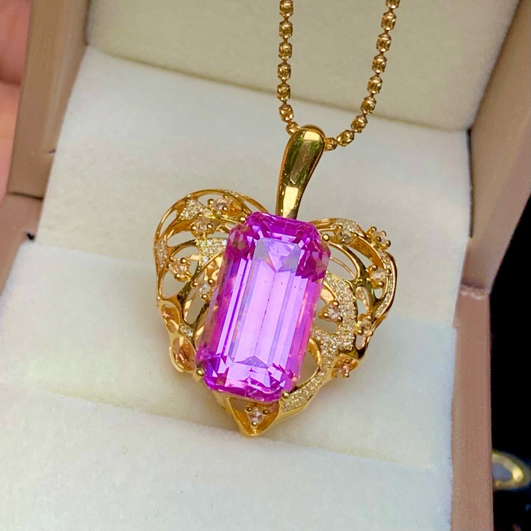 14k Gold 21.3 Ct Natural Kunzite & Diamond & Sapphire Pendant( Without Chain ) - 4