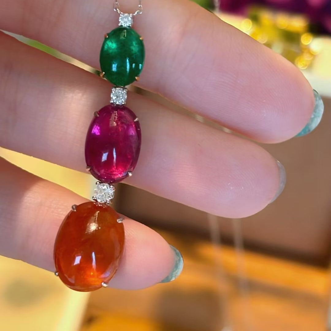 14k Gold 12.1 Ct Natural Emerald & Tourmaline & Spessartine Necklace - 3