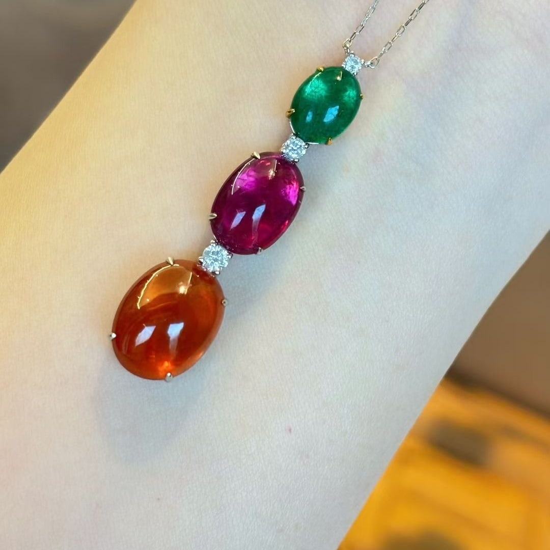 14k Gold 12.1 Ct Natural Emerald & Tourmaline & Spessartine Necklace - 4