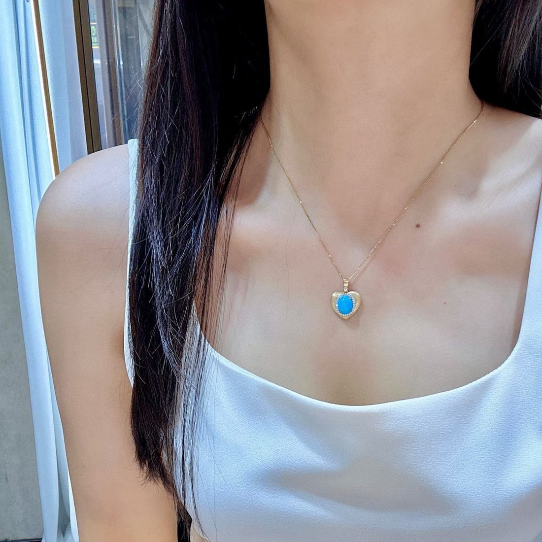 14k Gold 2.70 Ctw Natural Blue Turquoise & Diamond Pendant( Without Chain ) - 4