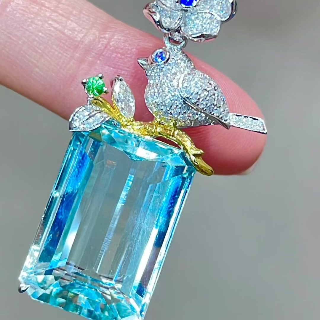 14k Gold 15.05 Ctw Natural Aquamarine & Diamond Pendant( Without Chain ) - 3