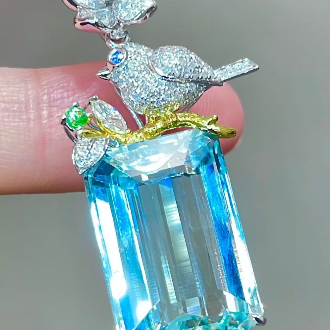 14k Gold 15.05 Ctw Natural Aquamarine & Diamond Pendant( Without Chain ) - 4