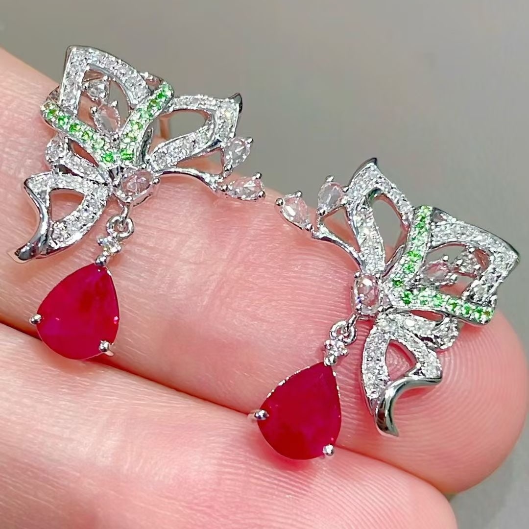 14k Gold 1.3 Ct Natural Ruby & Diamond & Coloured Gemstone Earrings - 3