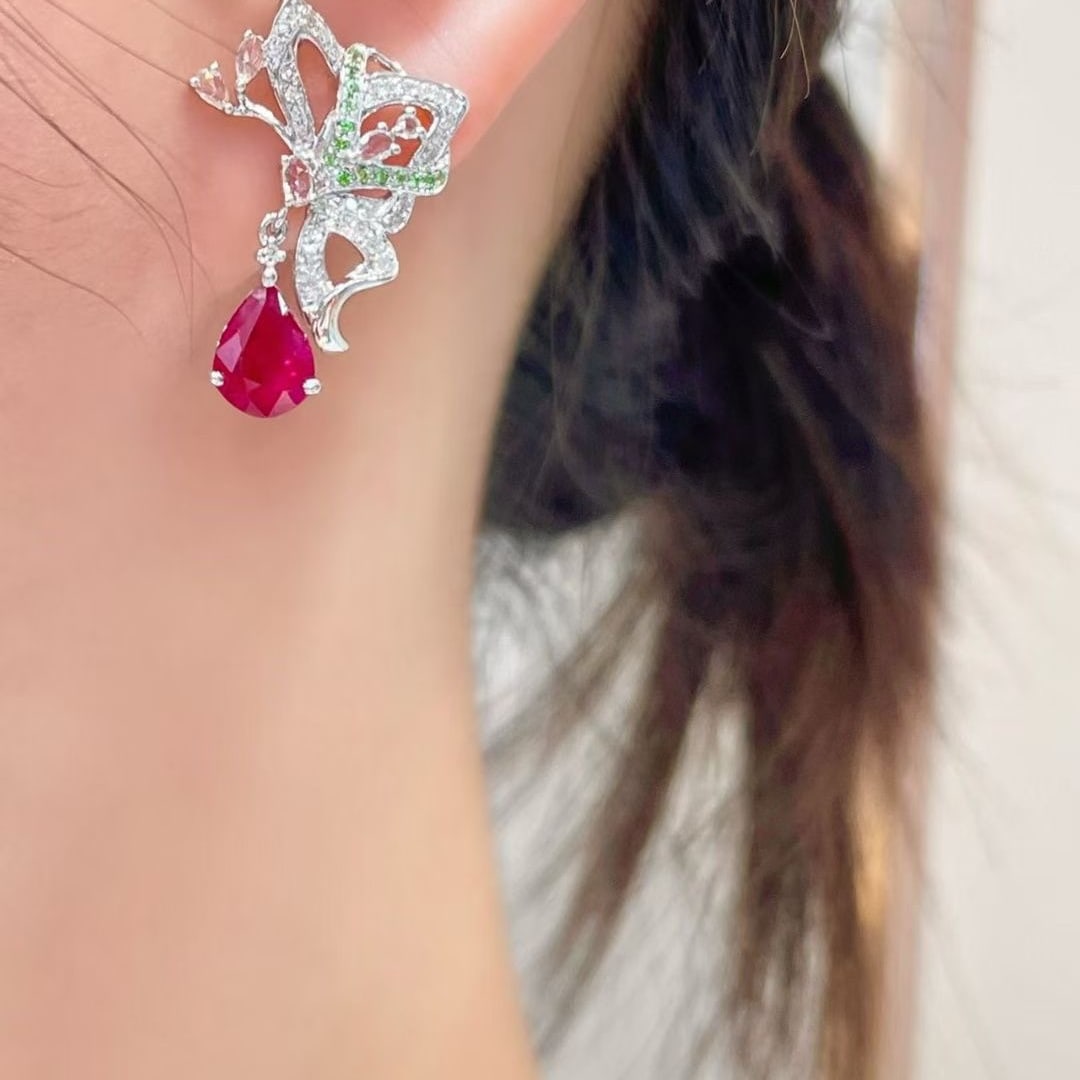 14k Gold 1.3 Ct Natural Ruby & Diamond & Coloured Gemstone Earrings - 4