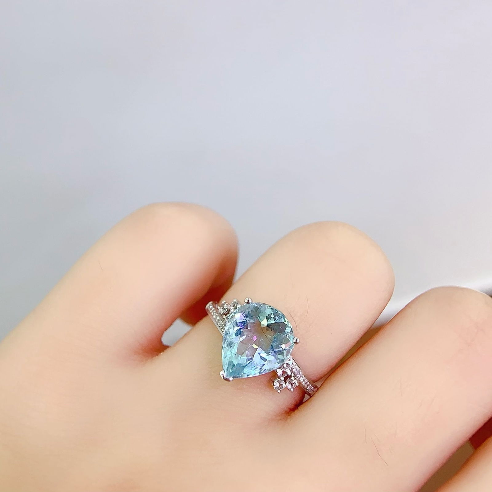 14k Gold 3.58 Ct Natural Aquamarine & Diamond & Sapphire Ring - 6