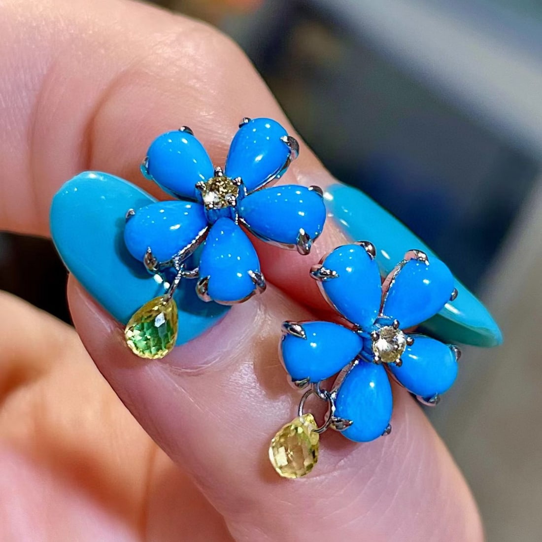 14k Gold 3.22 Ctw Natural Blue Turquoise & Sapphire Earrings - 3