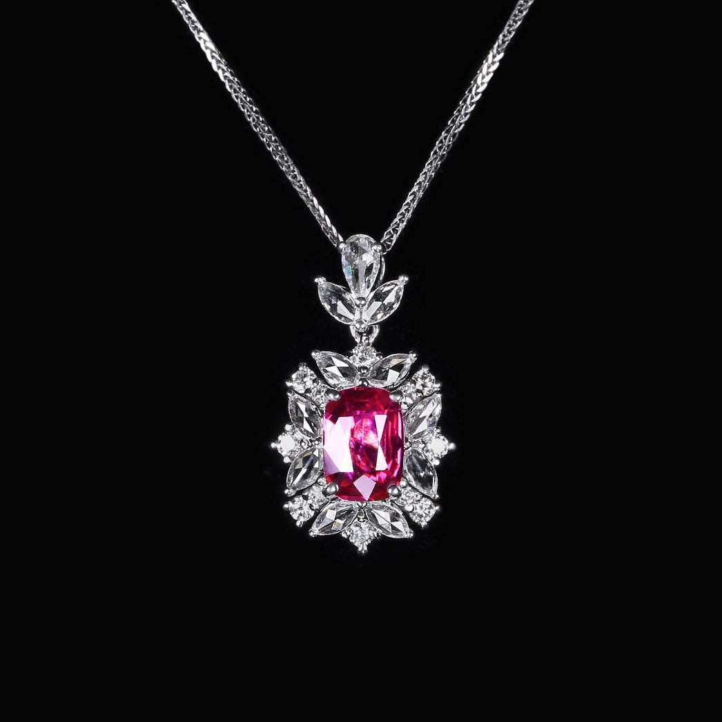 14k Gold 1.56 Ctw Natural Ruby & Diamond Pendant( Without Chain ): Ref:231122026 // gold content:14k gold // main gemstone:ruby // shape:cushion // carat weight:1. 03ct // color:red // treatment:natural // // adjacent gemstone 2 : diamond // number of stones:23 // sh