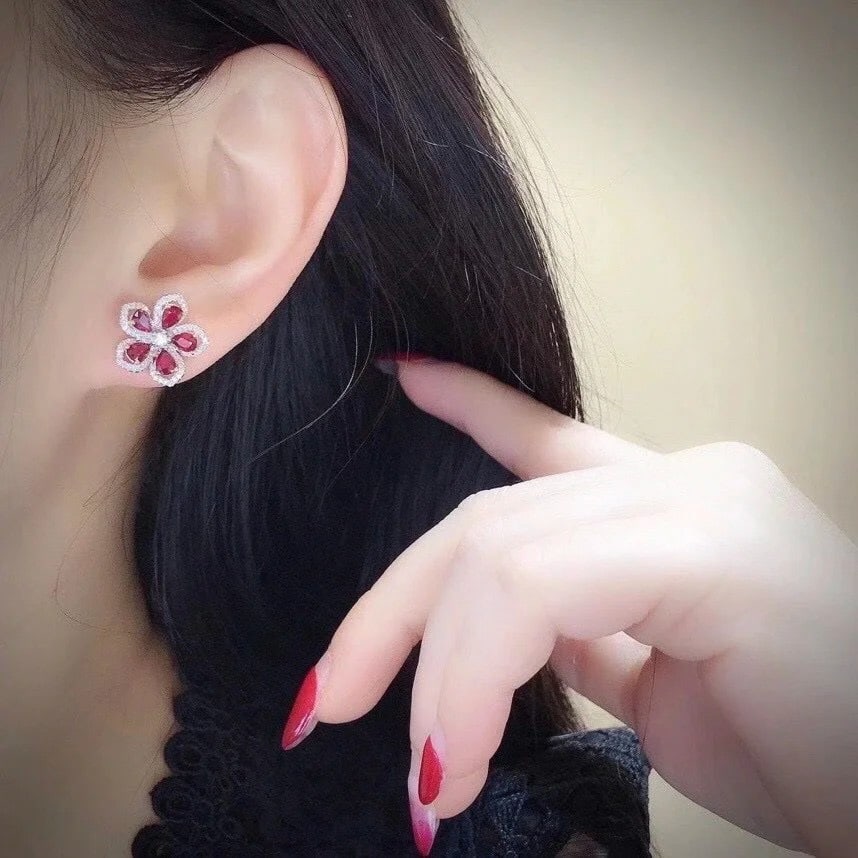 14k Gold 2.10 Ctw Natural Ruby & Diamond Earrings - 6