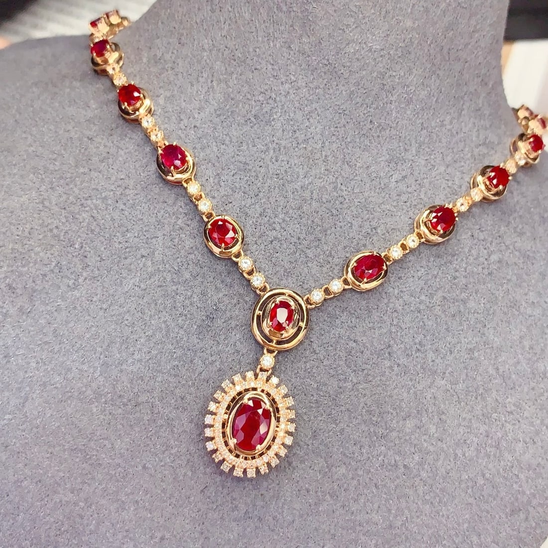 14k Gold 6.3 Ct Vivid Red Natural Ruby & Diamond & Sapphire Necklace - 5