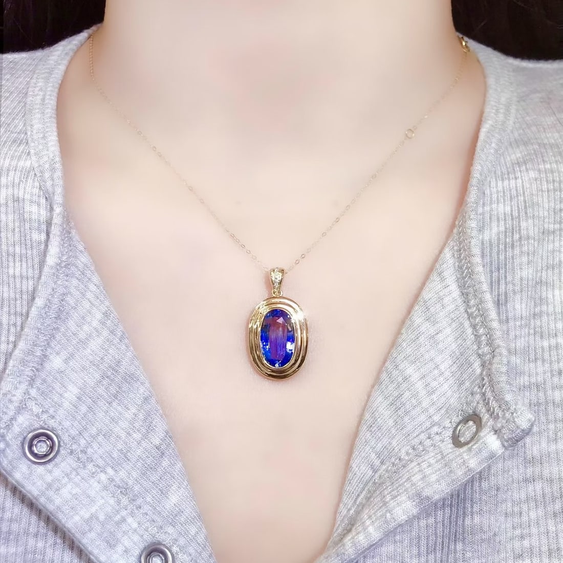 14k Gold 3.02 Ct Natural Sapphire & Diamond Pendant( Without Chain ) - 5