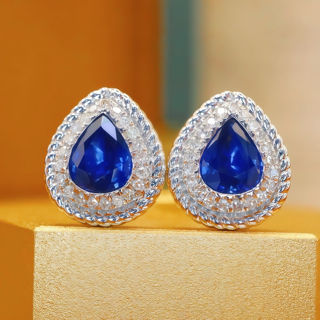 14k Gold 1.25 Ctw Natural Sapphire & Diamond Earrings: Ref:231122088 // gold content:14k gold // main gemstone:sapphire // shape:pear // carat weight:1. 13ct // color:royal blue // treatment:natural // // adjacent gemstone 2 : diamond // number of