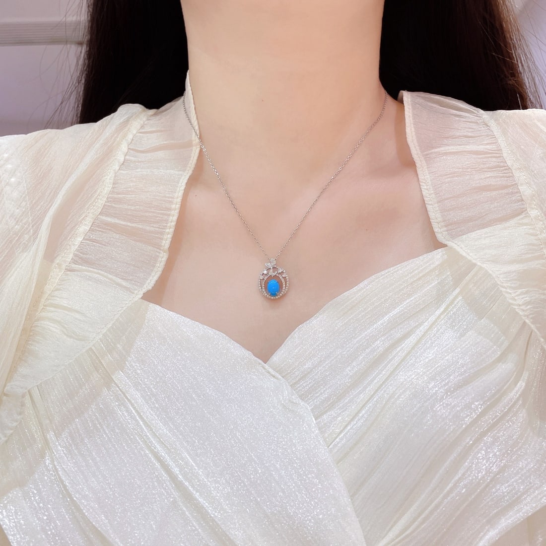 14k Gold 1.21 Ctw Natural Blue Turquoise & Diamond Pendant( Without Chain ) - 6