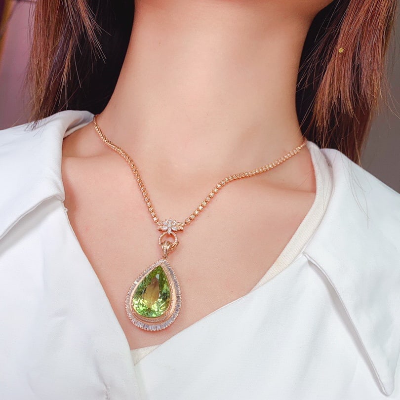 14k Gold 1938 Ct Natural Tourmaline & Diamond Pendant( Without Chain ) - 7