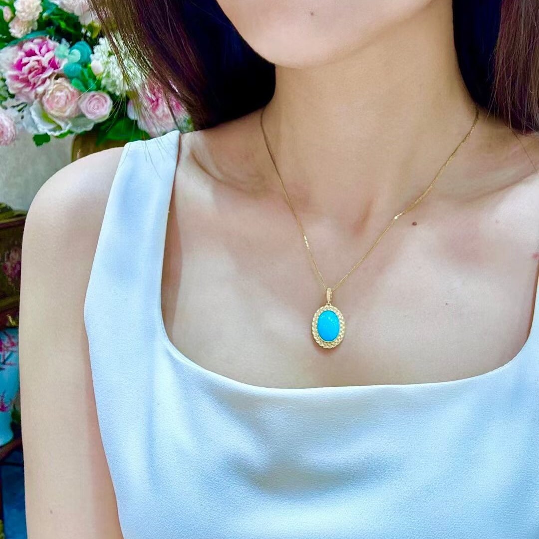 14k Gold 5.51 Ct Natural Blue Turquoise Pendant( Without Chain ) - 4