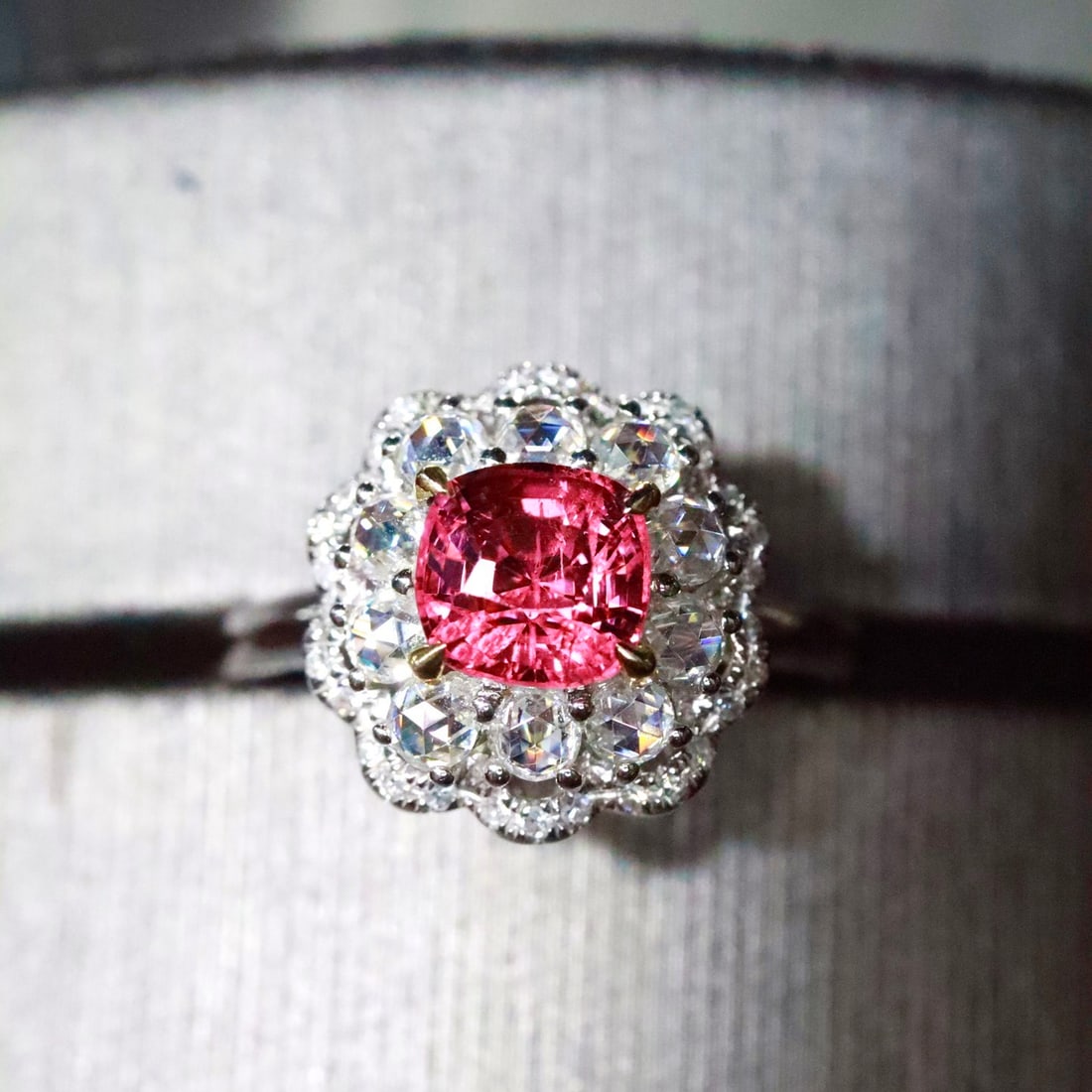 14k Gold 1.52 Ctw Natural Spinel & Diamond Ring: Ref:231122122 // gold content:14k gold // ring size:7. 25us // // main gemstone:spinel // shape:cushion // carat weight:1. 13ct // color:red // treatment:natural // // adjacent gemstone 2 :