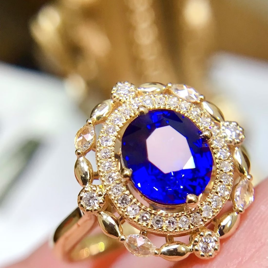 14k Gold 1.99 Ctw Natural Sapphire & Diamond Ring: Ref:231122137 // gold content:14k gold // ring size:7. 25us // // main gemstone:sapphire // shape:oval // carat weight:1. 7ct // color:blue // treatment:natural // // adjacent gemstone 2 : diamond //