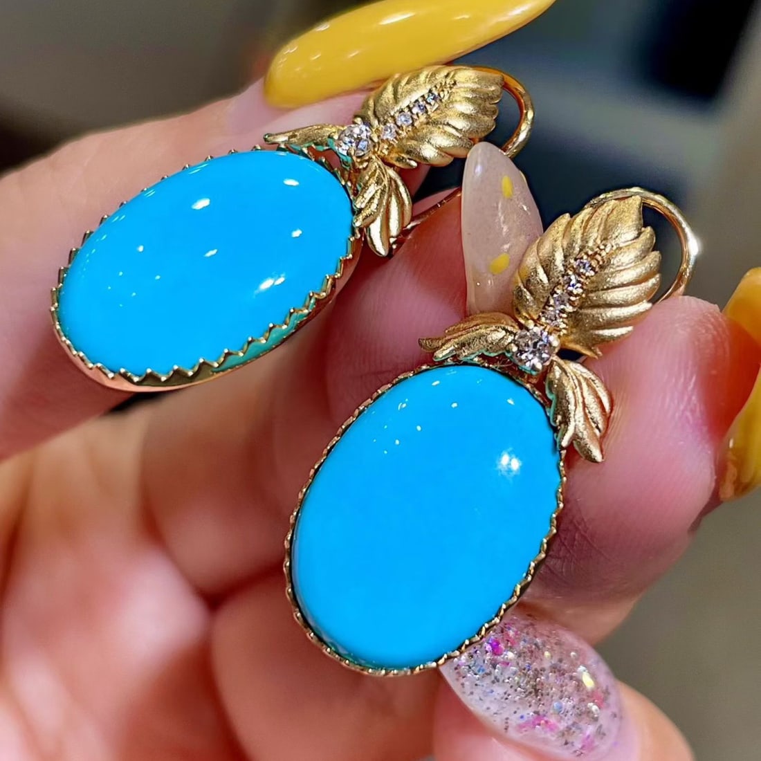 14k Gold 14.96 Ctw Natural Blue Turquoise & Diamond Earrings - 3