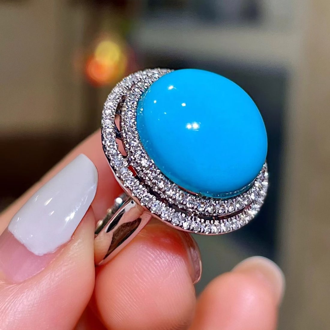 14k Gold 12.62 Ctw Natural Blue Turquoise & Diamond Ring - 2