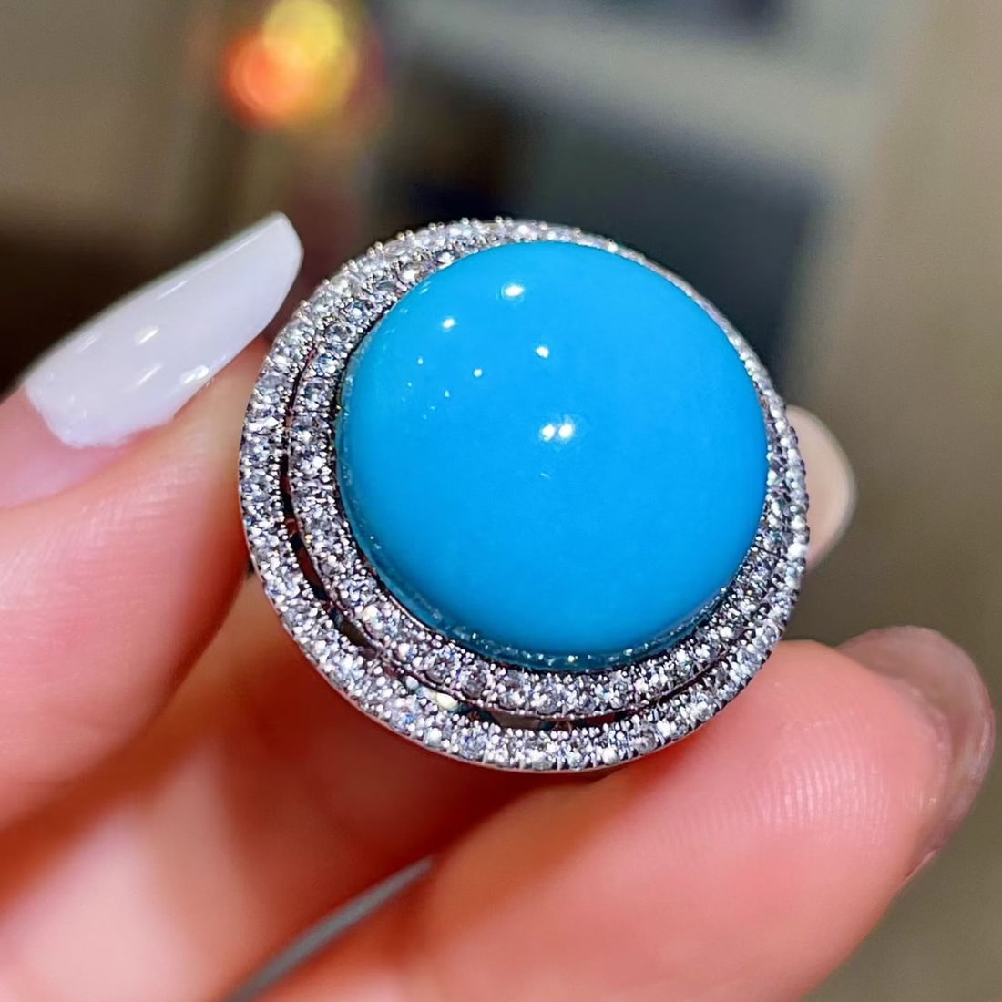 14k Gold 12.62 Ctw Natural Blue Turquoise & Diamond Ring - 3