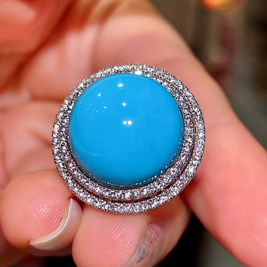 14k Gold 12.62 Ctw Natural Blue Turquoise & Diamond Ring - 5