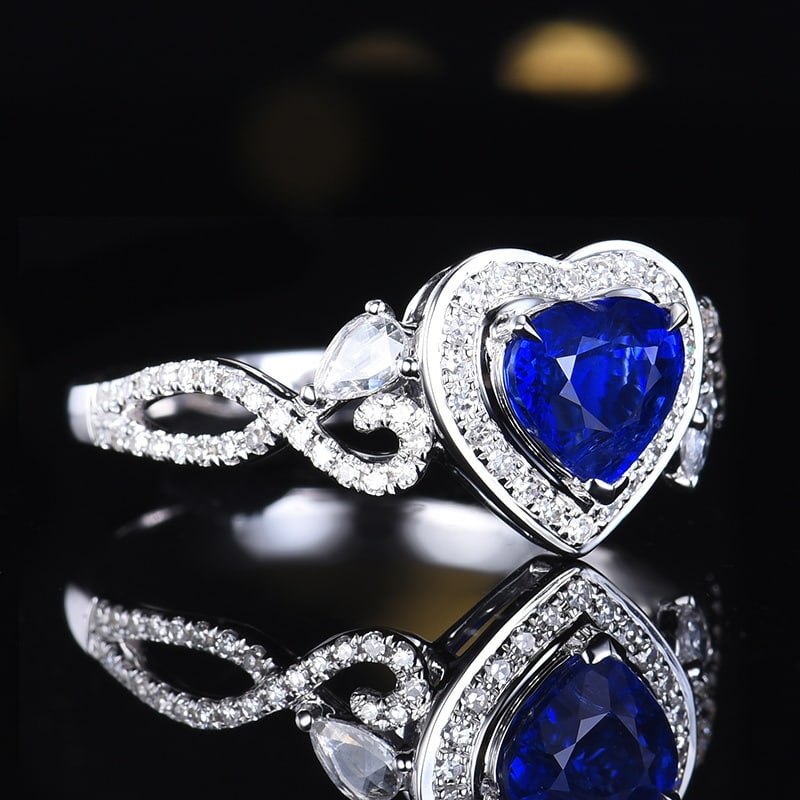 14k Gold 1.37 Ctw Vivid Blue Natural Sapphire & Diamond Ring: Ref:231122162 // gold content:14k gold // ring size:7. 25us // // main gemstone:sapphire // shape:heart // carat weight:1. 08ct // color:vivid blue // treatment:natural // // adjacent gemstone 2 : dia