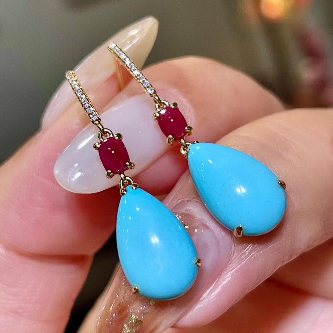 14k Gold 5.41 Ctw Natural Blue Turquoise & Ruby Earrings - 2