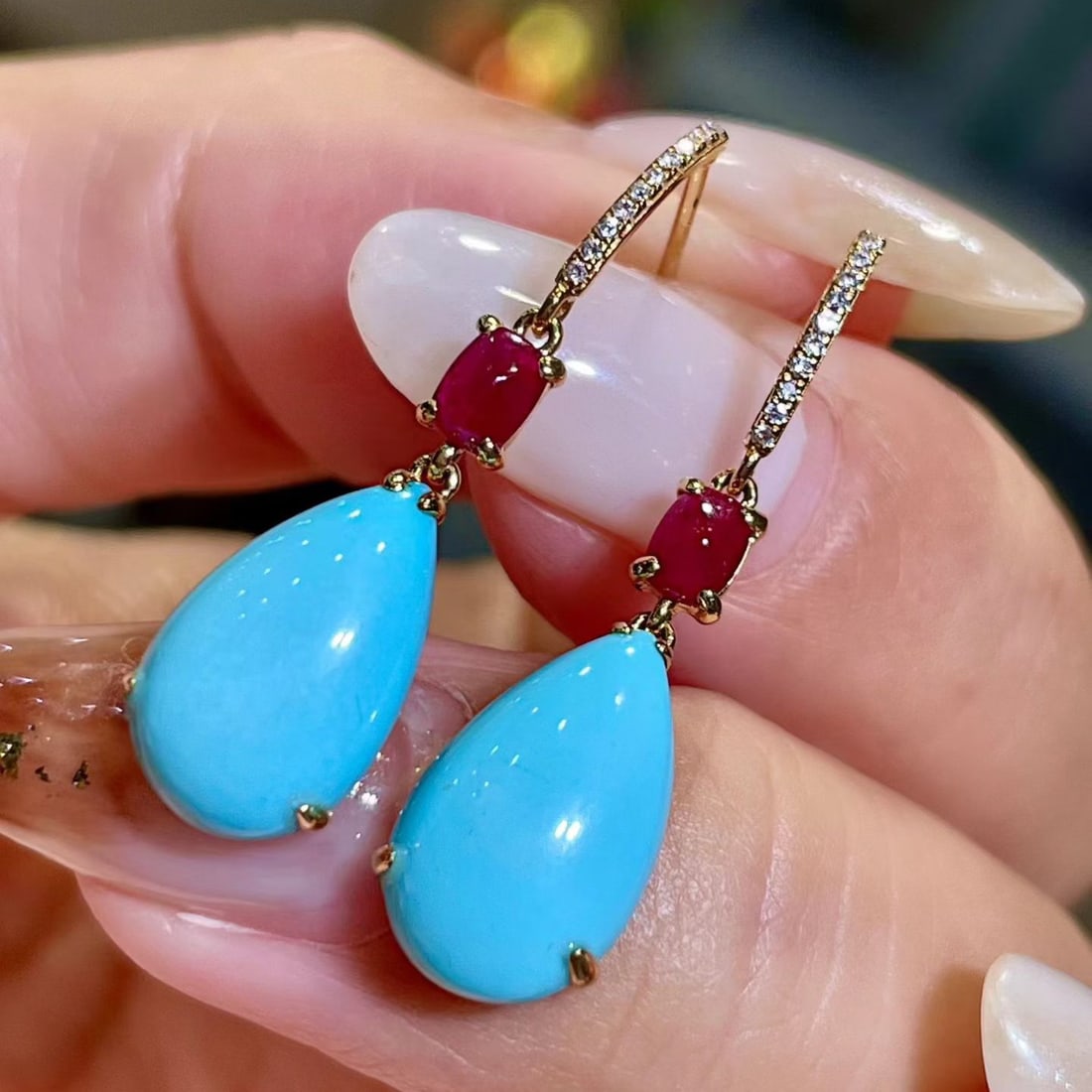 14k Gold 5.41 Ctw Natural Blue Turquoise & Ruby Earrings - 3