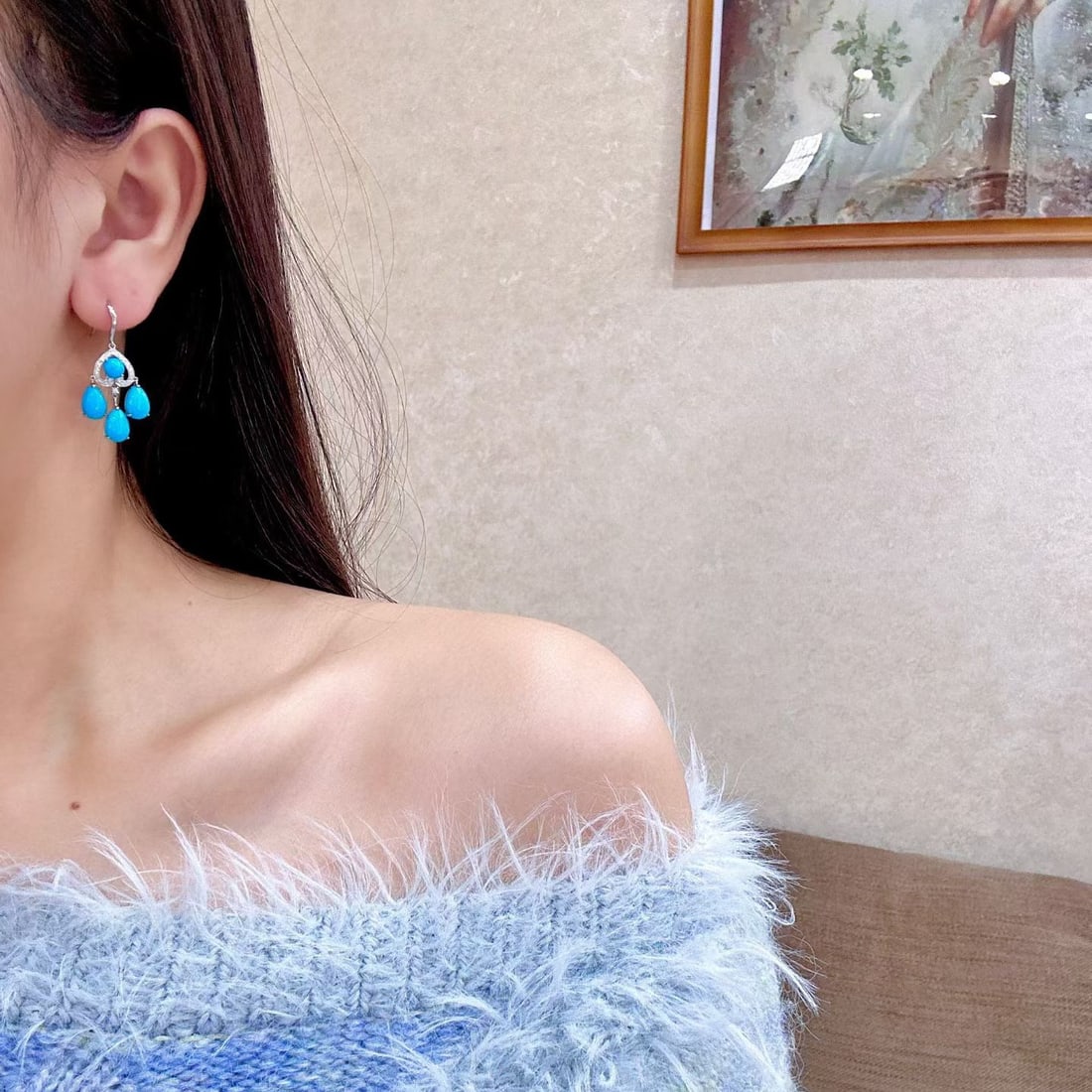 14k Gold 9.22 Ctw Natural Blue Turquoise & Diamond Earrings - 4