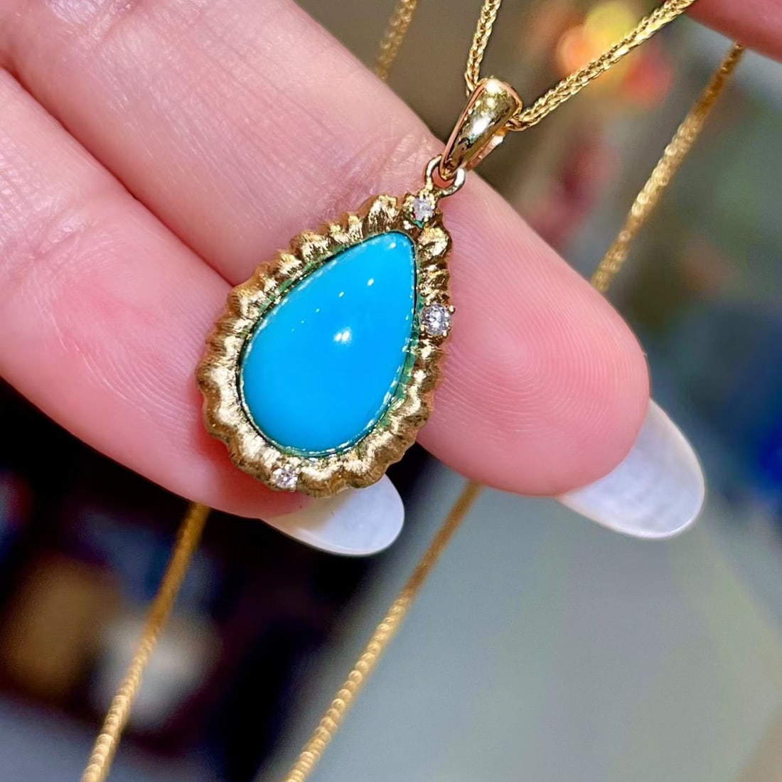 14k Gold 3.13 Ctw Natural Blue Turquoise & Diamond Pendant( Without Chain ) - 3