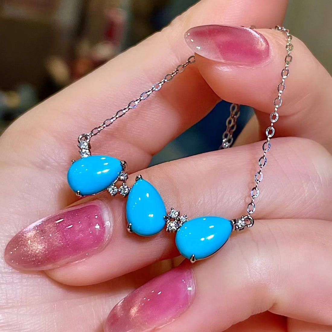 14k Gold 4.13 Ctw Natural Blue Turquoise & Diamond Necklace - 3