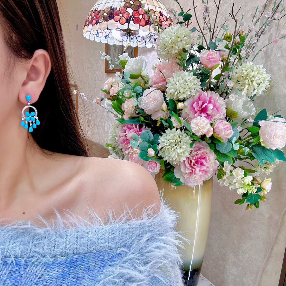 14k Gold 8.98 Ctw Natural Blue Turquoise & Diamond Earrings - 4