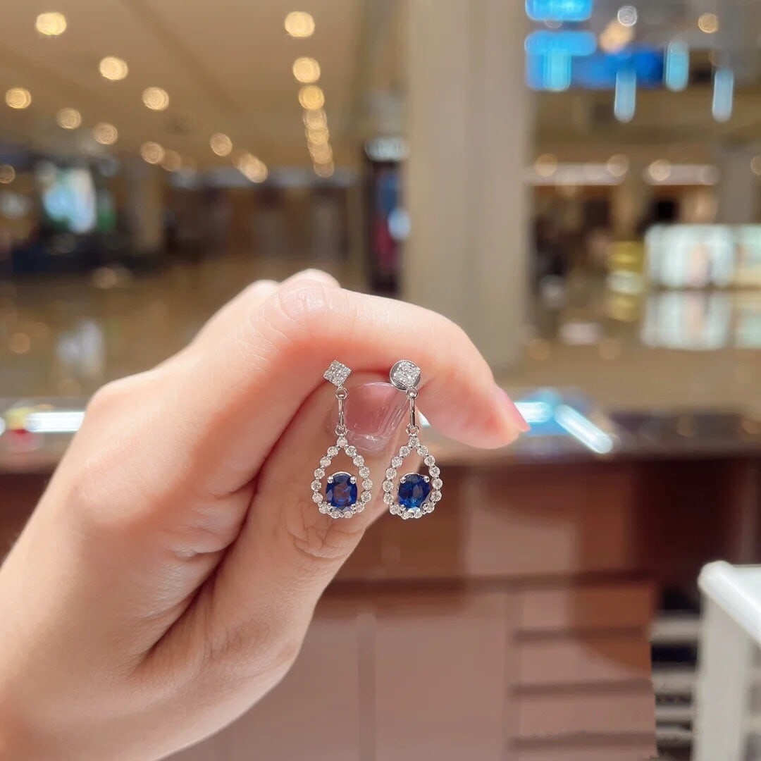 14k Gold 0.78 Ct Natural Sapphire & Diamond Earrings - 4