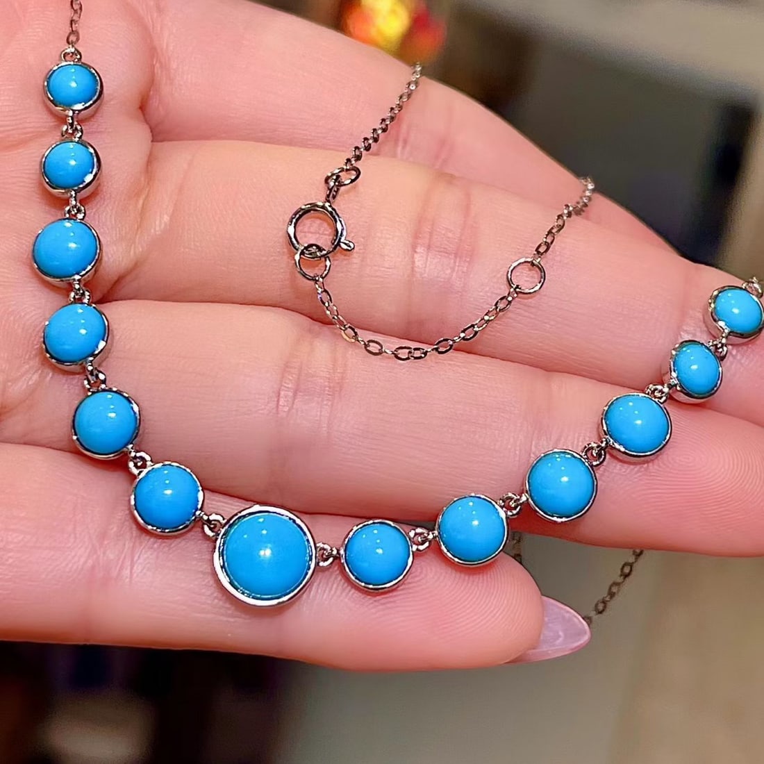 14k Gold 6.68 Ct Natural Blue Turquoise Necklace - 3