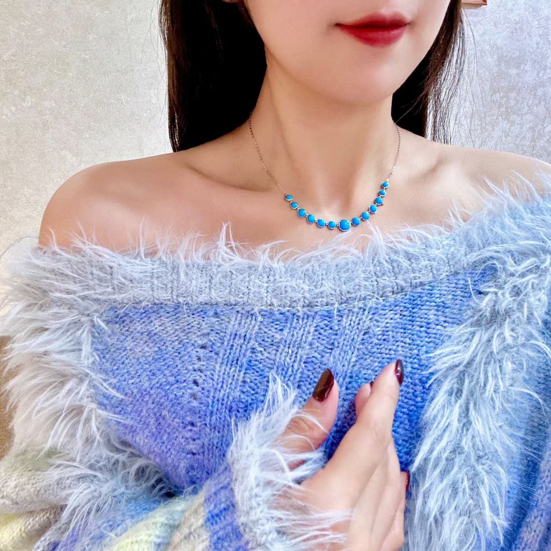 14k Gold 6.68 Ct Natural Blue Turquoise Necklace - 4