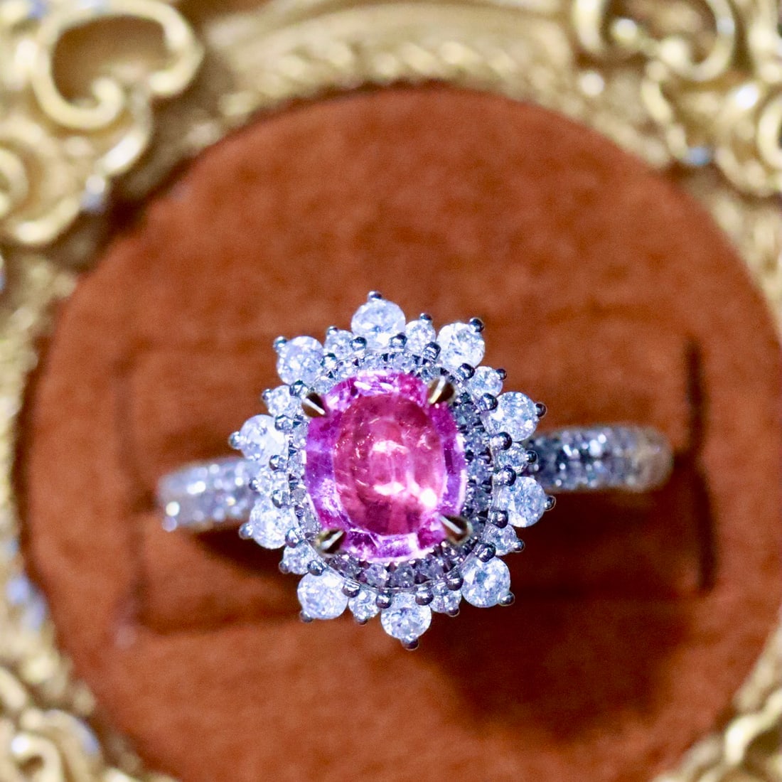 14k Gold 1.19 Ctw Natural Sapphire & Diamond Ring: Ref:231122189 // gold content:14k gold // ring size:7. 25us // // main gemstone:sapphire // shape:oval // carat weight:0. 72ct // color:pink // treatment:natural // // adjacent gemstone 2 : diamond //