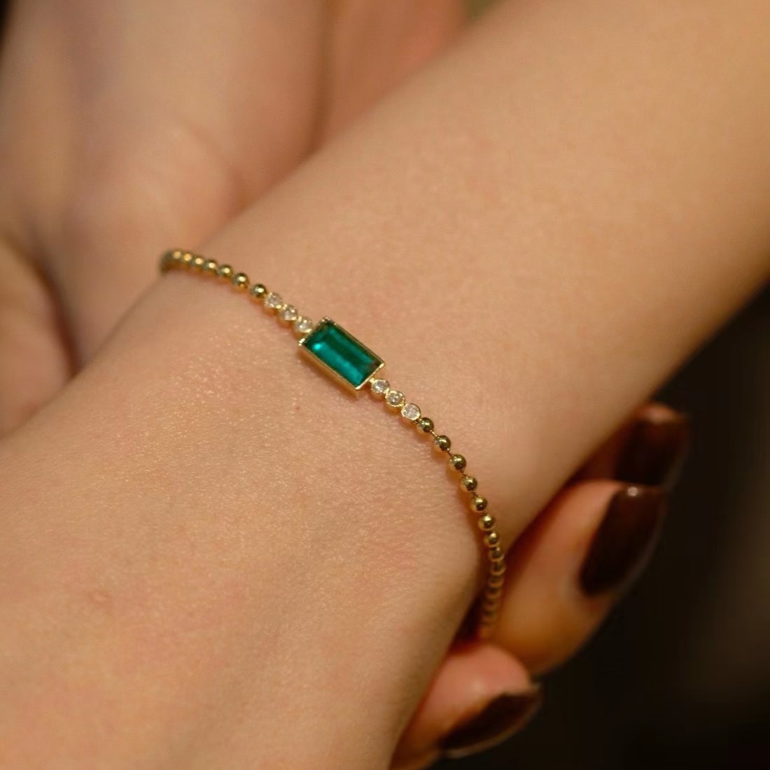 14k Gold 1.23 Ctw Vivid Green Natural Emerald & Diamond Bracelet - 6