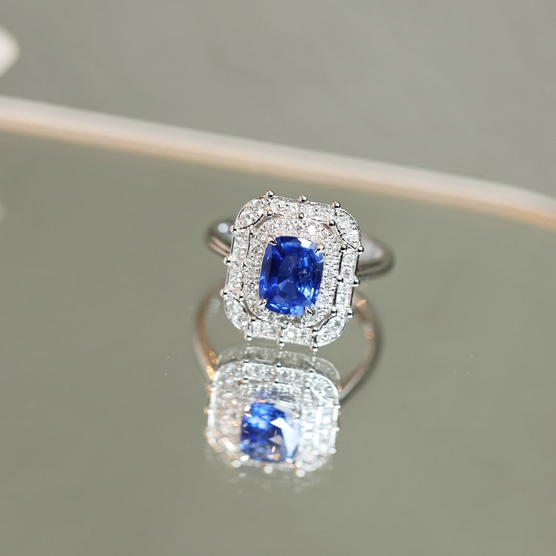 14k Gold 2.01 Ctw Natural Sapphire & Diamond Ring: Ref:231122206 // gold content:14k gold // ring size:7. 25us // // main gemstone:sapphire // shape:cushion // carat weight:1. 61ct // color:blue // treatment:natural // // adjacent gemstone 2 : diamond