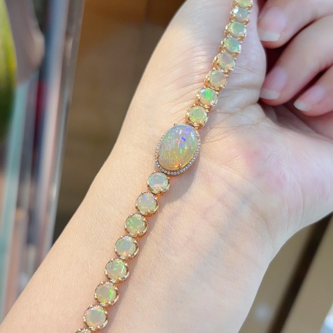 14k Gold 11.9 Ct Natural Opal & Diamond Bracelet - 2