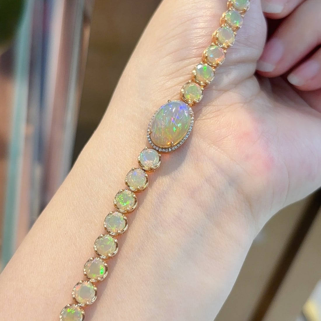 14k Gold 11.9 Ct Natural Opal & Diamond Bracelet - 3