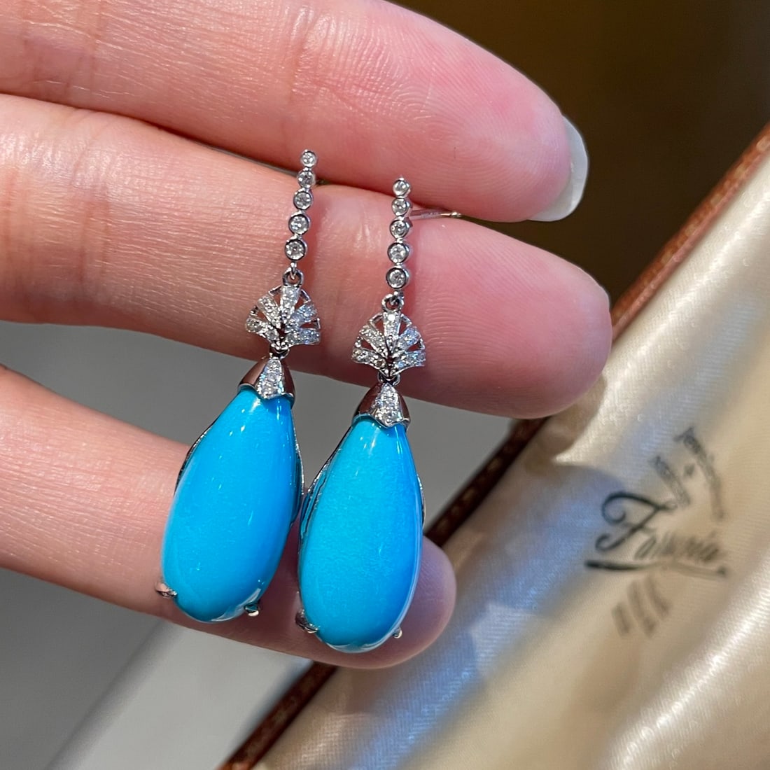 14k Gold 12.63 Ct Natural Blue Turquoise & Diamond Earrings - 2