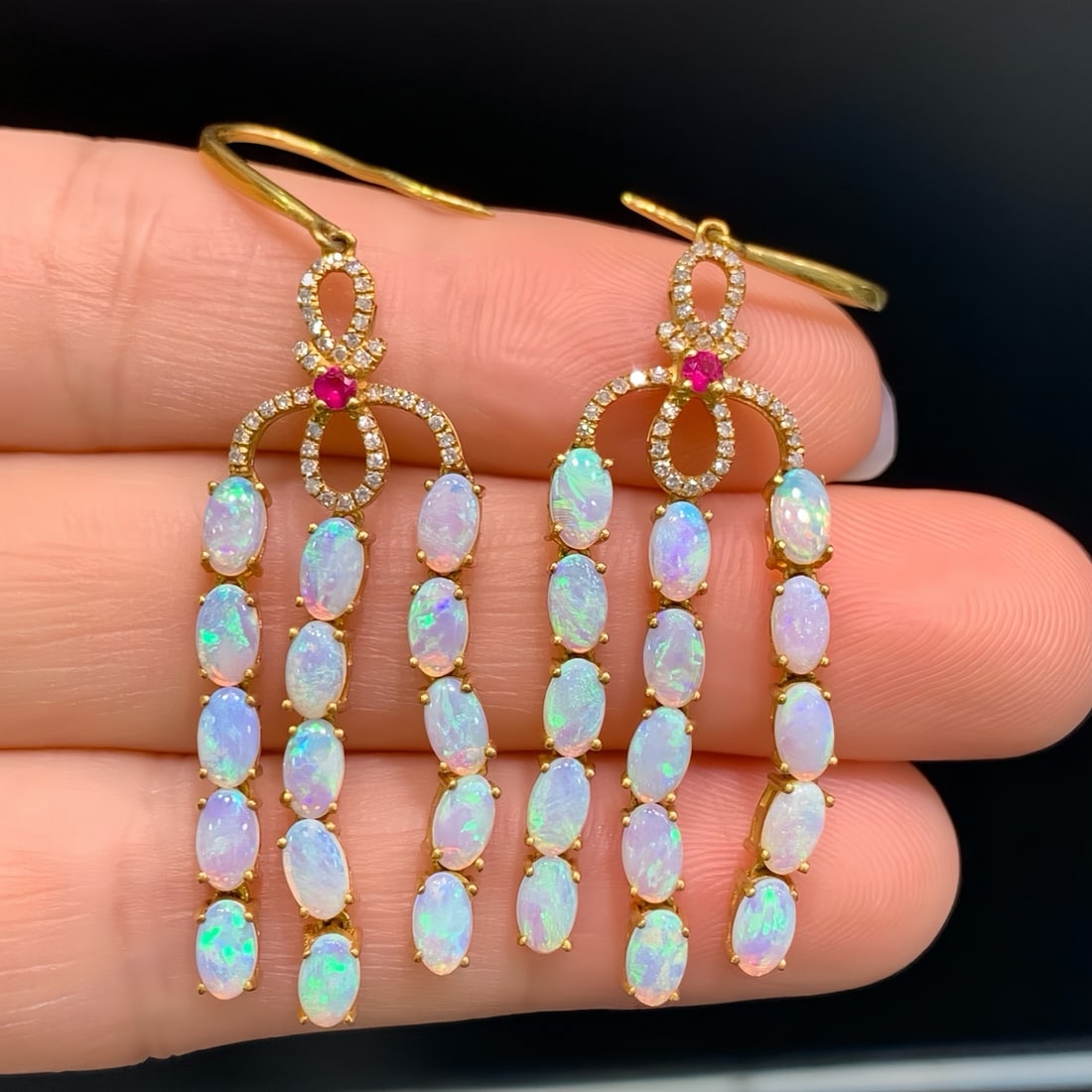 14k Gold 4.40 Ctw Natural Opal & Diamond Earrings: Ref:231122221 // gold content:14k gold // main gemstone:opal // shape:oval // carat weight:4. 16ct // color:color // treatment:natural // // adjacent gemstone 2 : diamond // number of stones:82 //