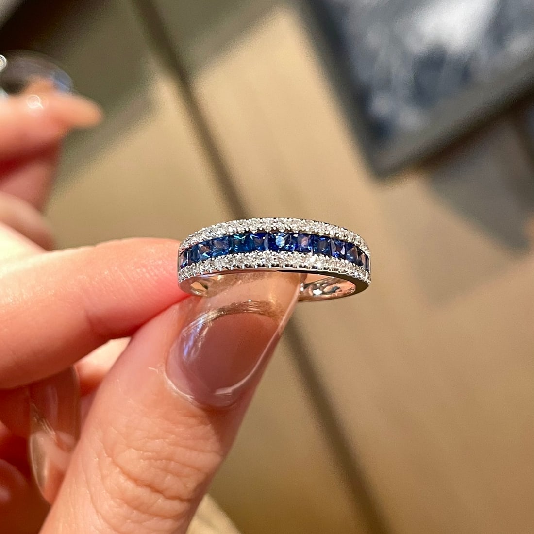 14k Gold 1 Ct Natural Sapphire & Diamond Ring: Ref:231122225 // gold content:14k gold // ring size:7. 25us // // main gemstone:sapphire // shape:princess // carat weight:1ct // color:blue // treatment:natural // // adjacent gemstone 2 : diamond //