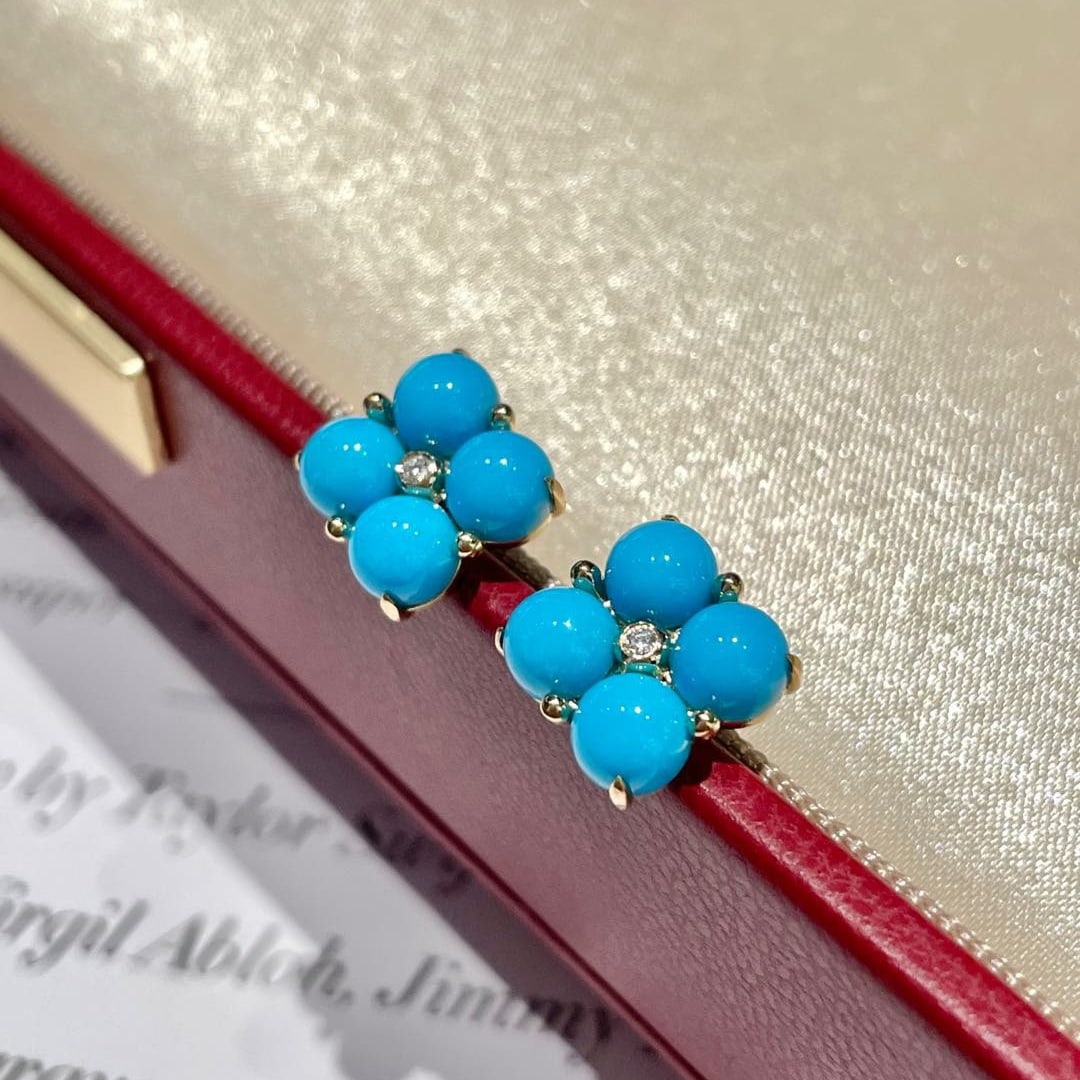 14k Gold 5 Ct Natural Blue Turquoise & Diamond Earrings - 3