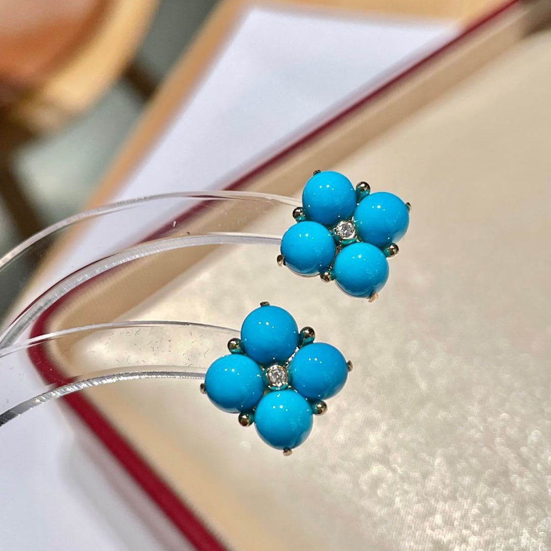 14k Gold 5 Ct Natural Blue Turquoise & Diamond Earrings - 5